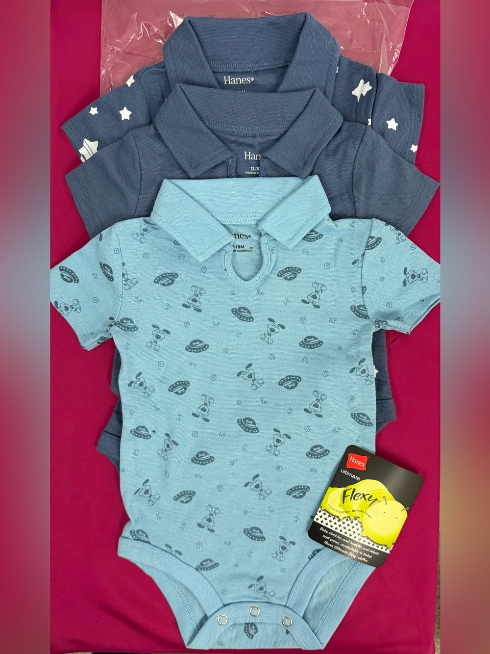 Hanes Flexy Boys Short Sleeve Polo Bodysuits (Set of 3) 12-18M (21-28#) Blues